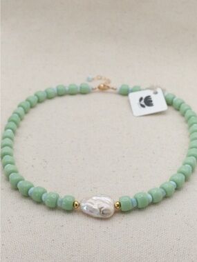 Handmade Mint Green Beaded Necklace with Blue Shell Beads & Baroque Pearl
